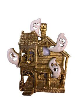 Vintage Halloween Gold Tone Haunted House Brooch Ghost Accents Collectible